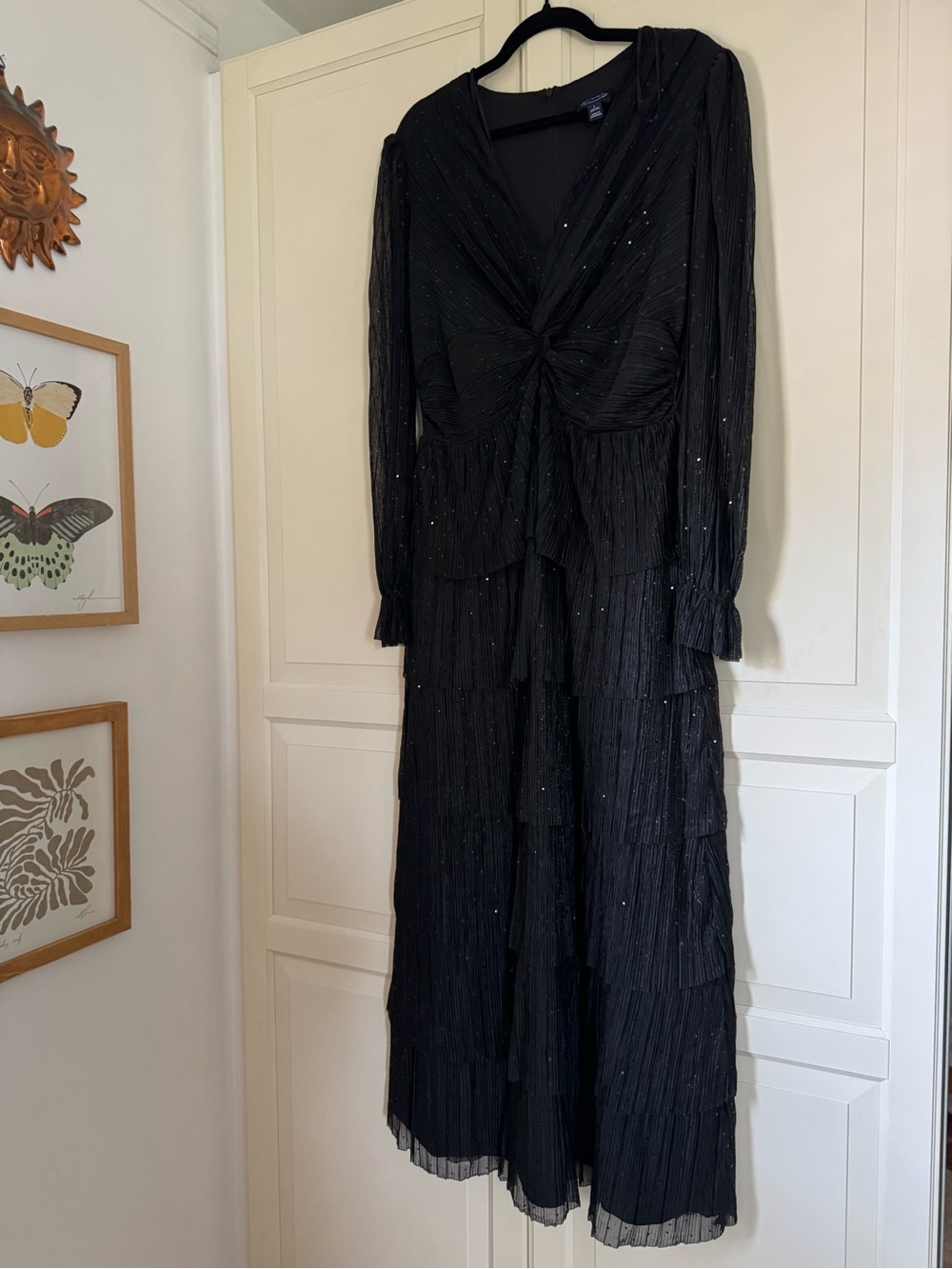Black Long Sleeve Tiered Maxi Dress with Twist Front